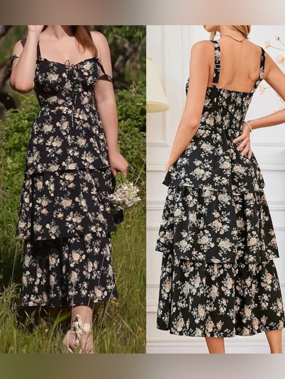 Scarlett Darkness Black Floral Lace Up Tiered Maxi Dress Size 12